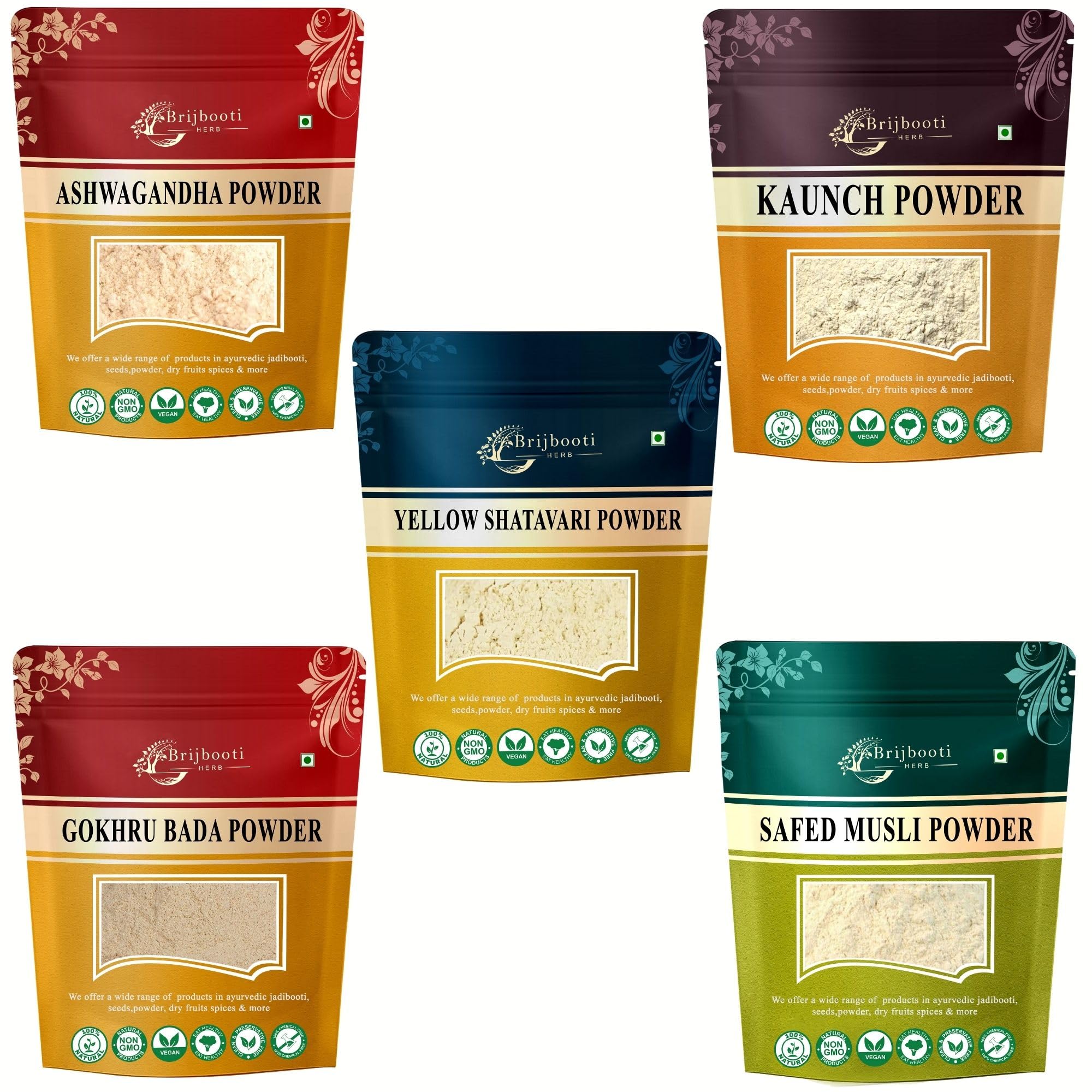 Brijbooti Safed Musli - Ashwagandha - Kaunch - Shatavari - Gokhru Bada (Powder) 180 Gr Each
