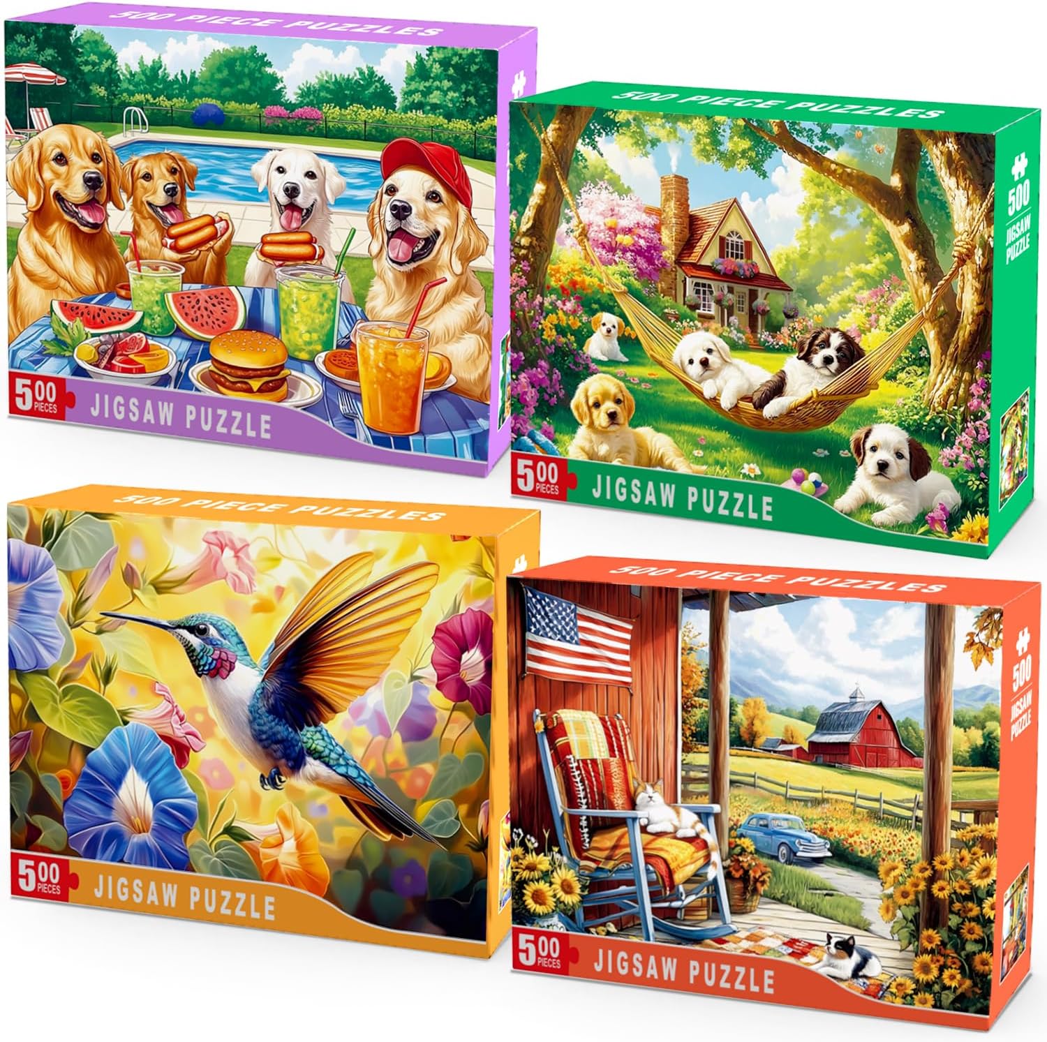 4-Pack 500 Piece Puzzles for Adults Jigsaw Puzzle 500 Pieces - Flowers Vintage Books, Owl Family, Farm Vintage Car, Love - Challenging Game Home Decor Birthday Party Gift Toy for Adults Seniors