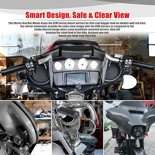 Miniatura 7 de Goldfire Soportes de caída para espejo de motocicleta, carenado ajustable, kit de reubicación de espejo de murciélago para Harley Touring Street