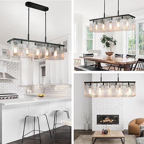 Miniatura 4 de IKK Candelabros modernos de vidrio texturizado para comedor, lámpara rectangular de isla de 37 pulgadas, iluminación rectangular de granja para isla