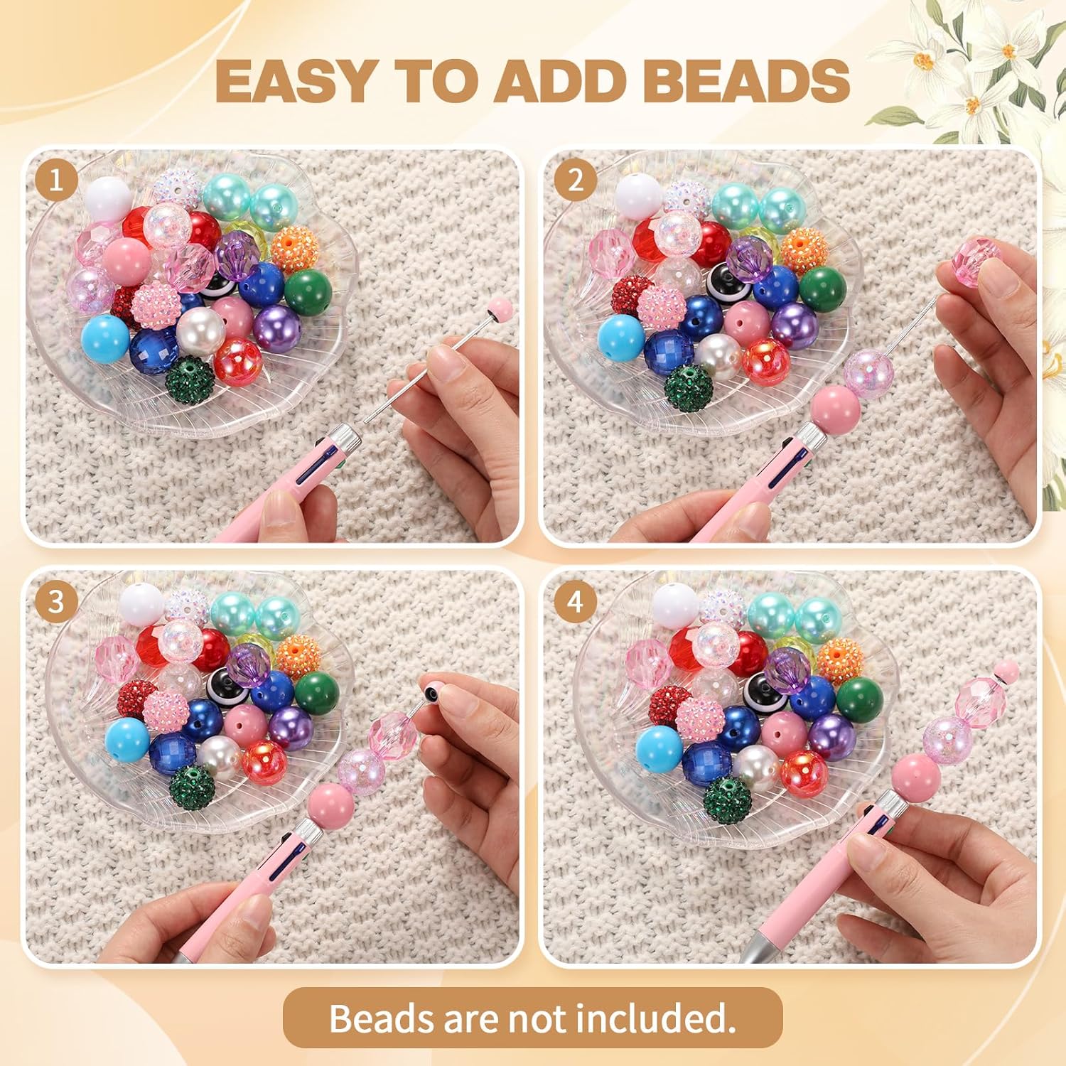 50 Pcs Plastic Beadable Pen Bulk Multicolor 4 in 1 Pens Colored Bead Ballpoint Pen Beaded Pens for DIY Making Kit Gifts(Bright Color)