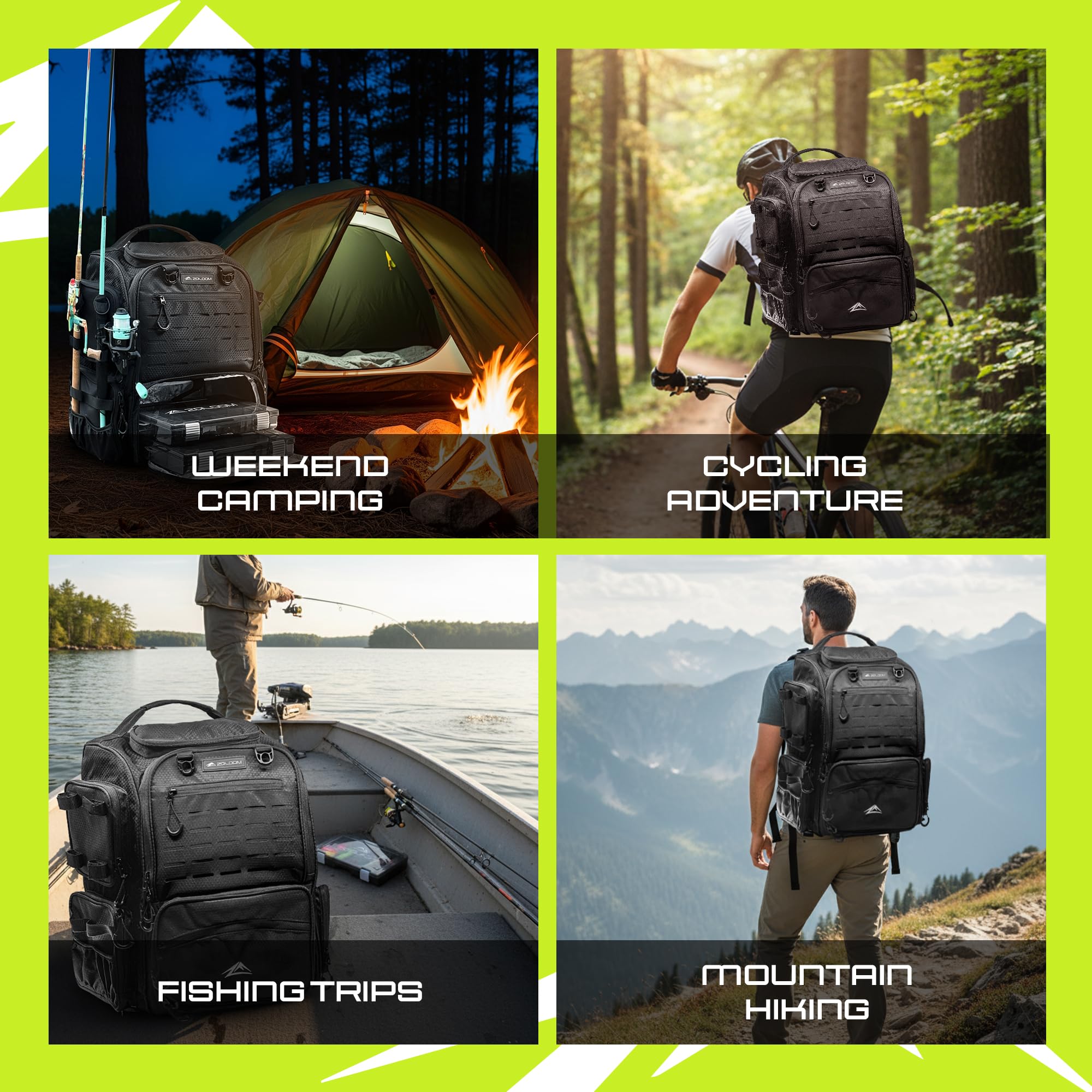 Angelrucksack mit Rutenhalter & faltbarem Netz - 40L Angelausrüstungsrucksack, 2 Tackle-Boxen, Wandertasche mit wasserdichtem Regenschutz, extra Staufächern, Schwarz, Large