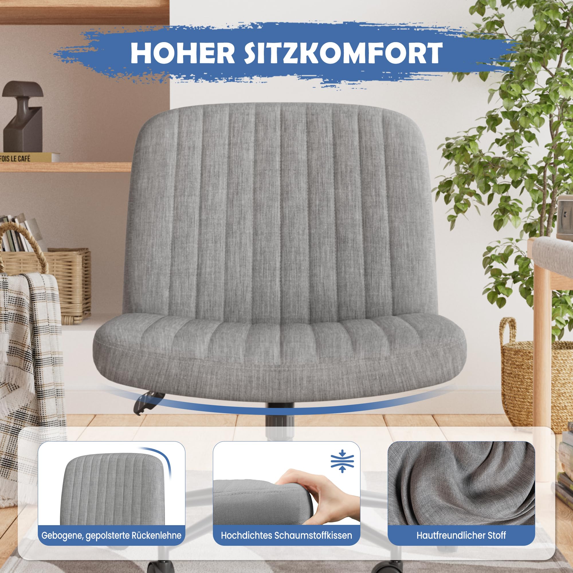Fiona's magic Bürostuhl ohne Armlehnen, Drehstuhl mit Rollen, Höhenverstellbar Schreibtischstuhl, Lesesessel mit Breiterem für Haus, Wohnzimmer, Schminktisch, Grau