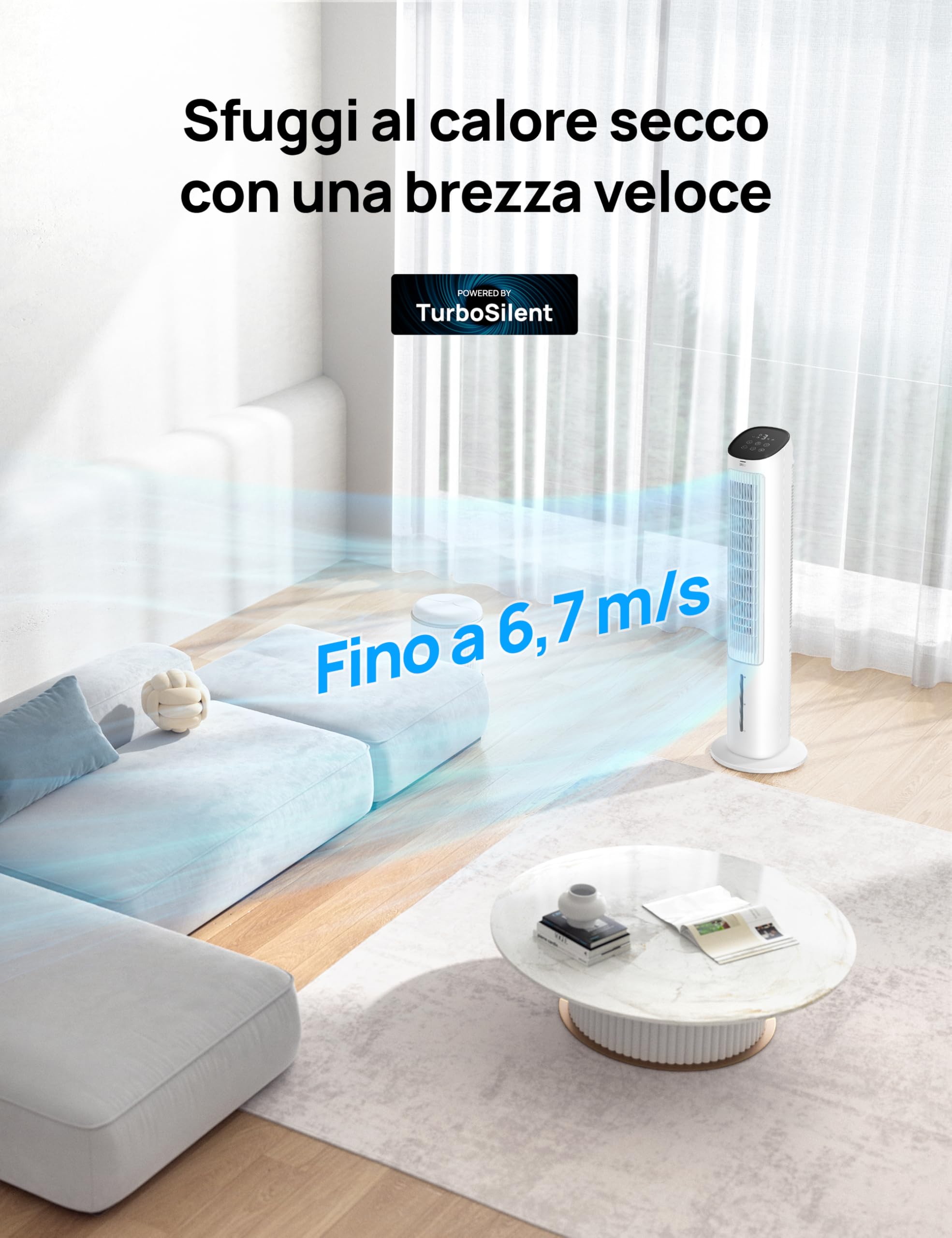DREO Ventilatore a Torre con Raffrescamento, ventilatore silenzioso con raffreddamento ad acqua, raffrescatore evaporativo 40 pollici, oscillazione 80°, 3 modalità, 4 velocità, telecomando