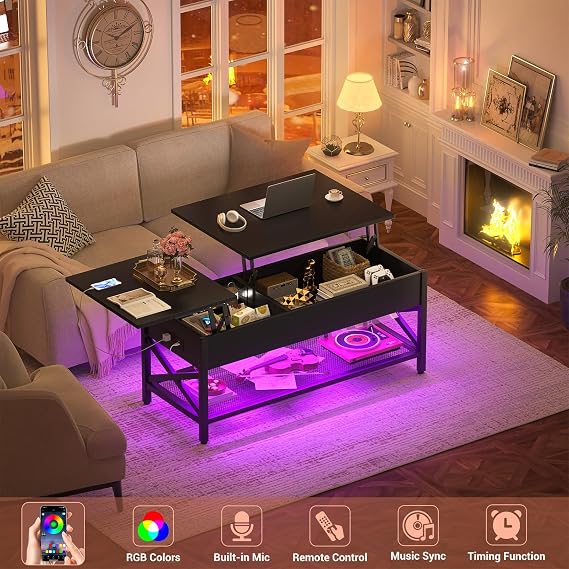 Besiost Coffee Table, Lift Top Coffee Table with Storage, LED Light & Power Outlet and Hidden Compartment, Retro Center Table for Living Room, X Support Wood Tabletop, Metal Frame,Black