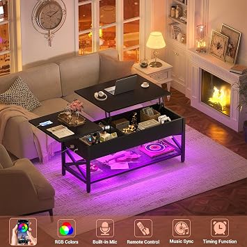 Besiost Coffee Table, Lift Top Coffee Table with Storage, LED Light & Power Outlet and Hidden Compartment, Retro Center Table for Living Room, X Support Wood Tabletop, Metal Frame,Black