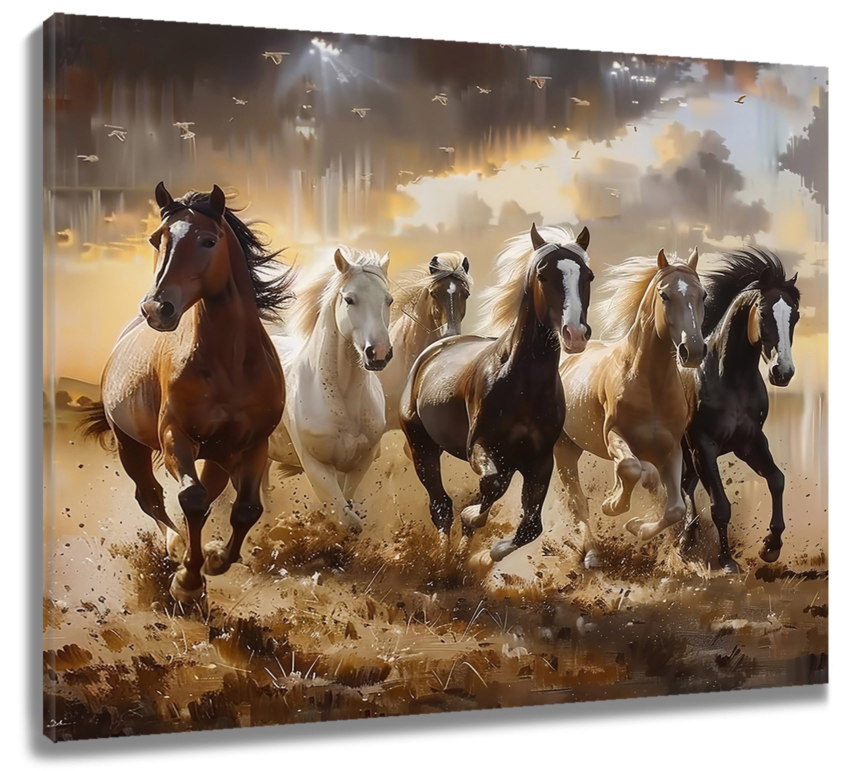 LB Horse Wall Art Abstract Running Horses Canvas Wall Art for Living Room Brown Retro Poster Paint Wall Art Decor for Bathroom Kitchen Bedroom,12Wx12H inch Wooden Framed — image 1