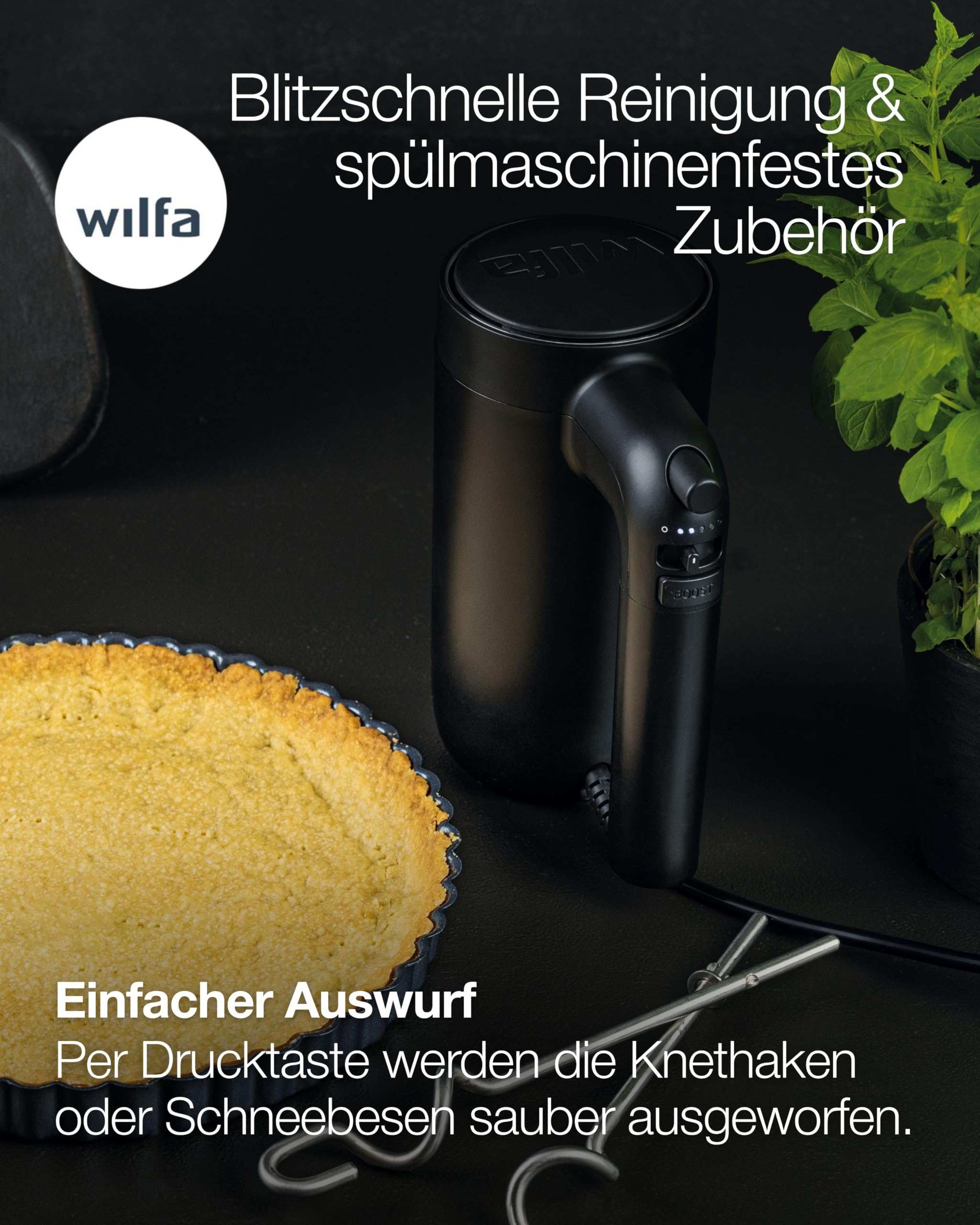 Wilfa Smooth Mix Handmixer 500 W I 5 Geschwindigkeiten & Boost-Funktion I Sanftanlauf gegen Spritzer I Inkl. Schneebesen & Knethaken I Für Sahne, Teige & Eischnee I Design Award Gewinner