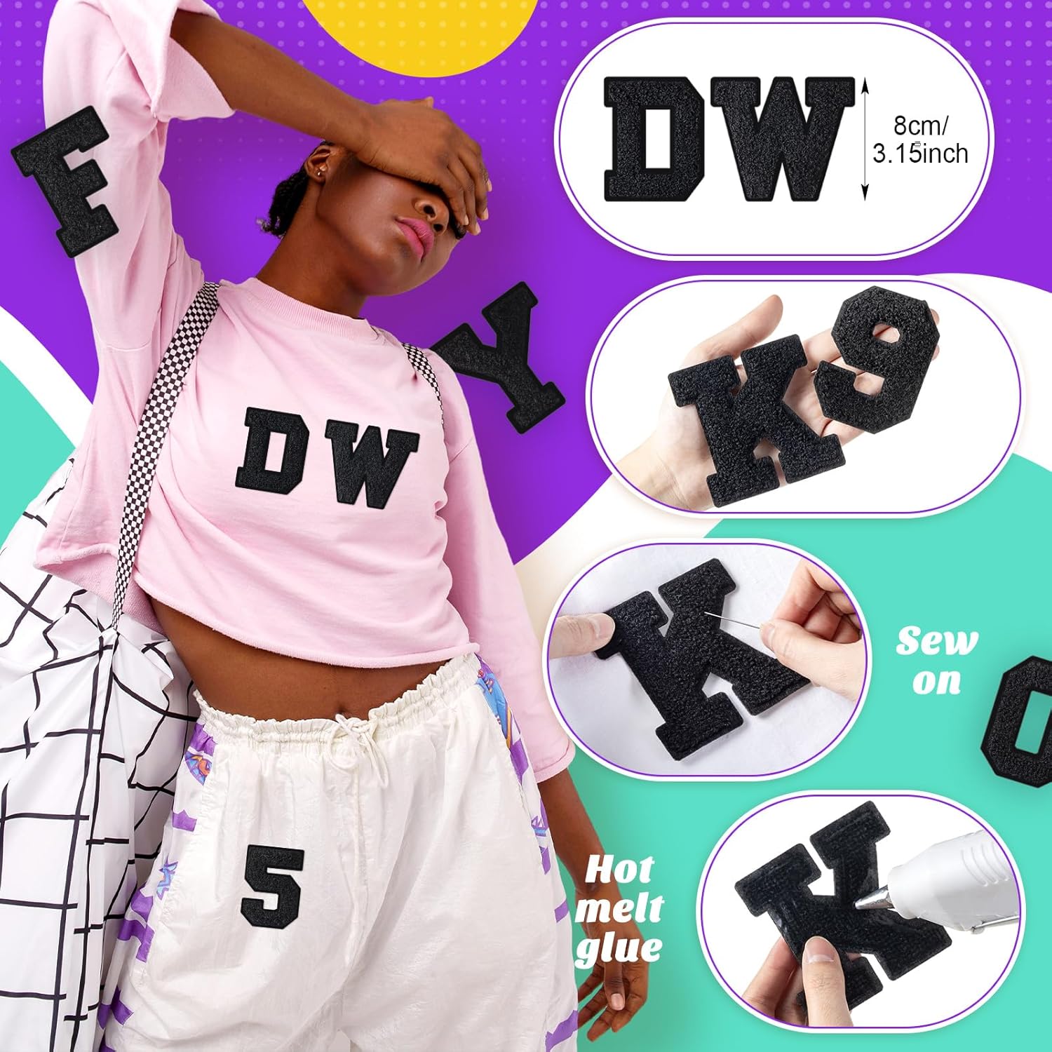 Lyrow 72 Pieces Chenille Letters Patches Iron on 3. 2 H x 2. 2 W Letters and Numbers a to Z Alphabet, Numbers 0 to 9 Embroidery Applique Patch for Clothing Backpacks Hats DIY Supplies(Black)