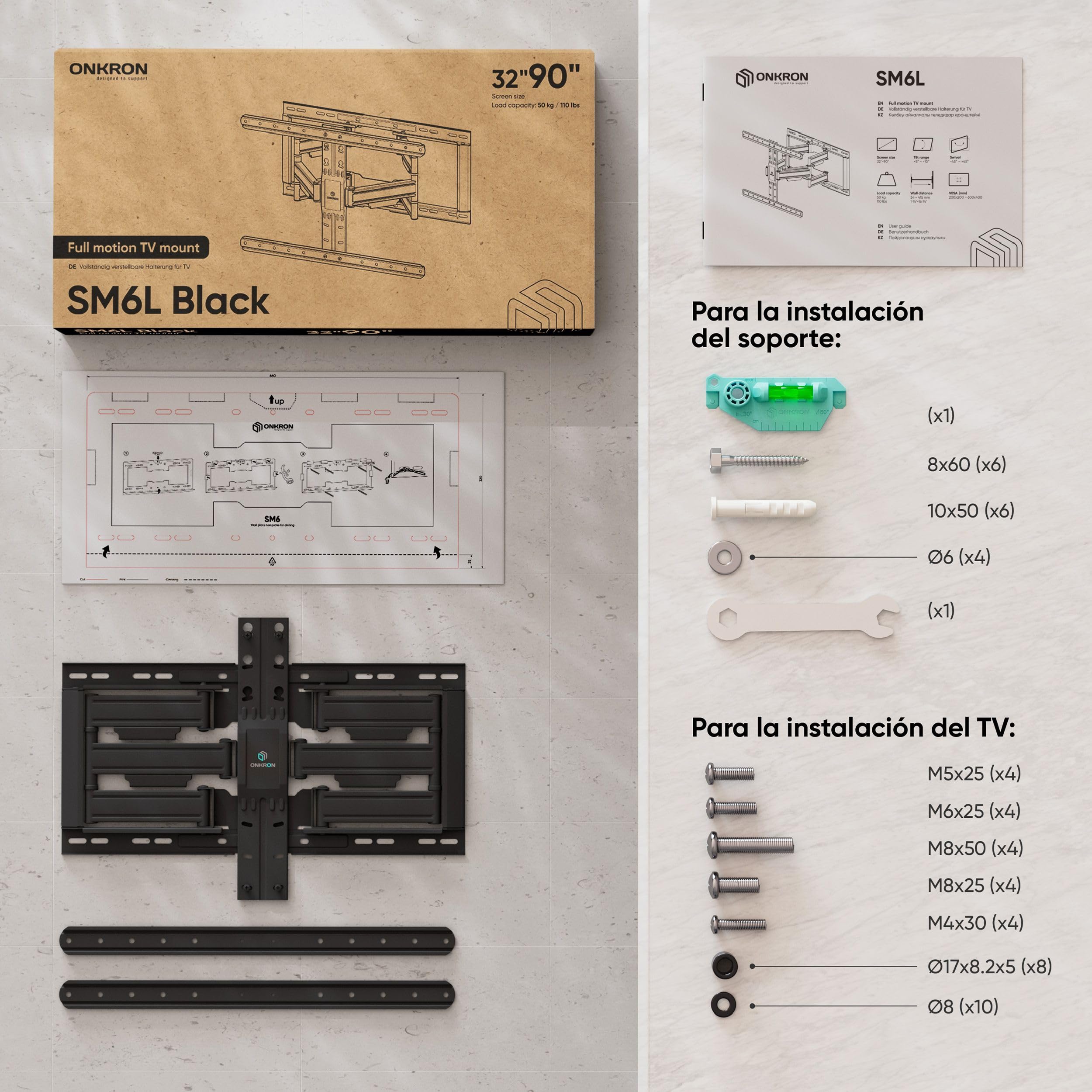 ONKRON Soporte TV Pared 32-90 Pulgadas, Carga hasta 50 kg, Brazo TV con VESA 200x200-600x400 mm, Soporte Television Pared Inclinable y Giratorio, Colgar Television Universal, Negro SM6L-B