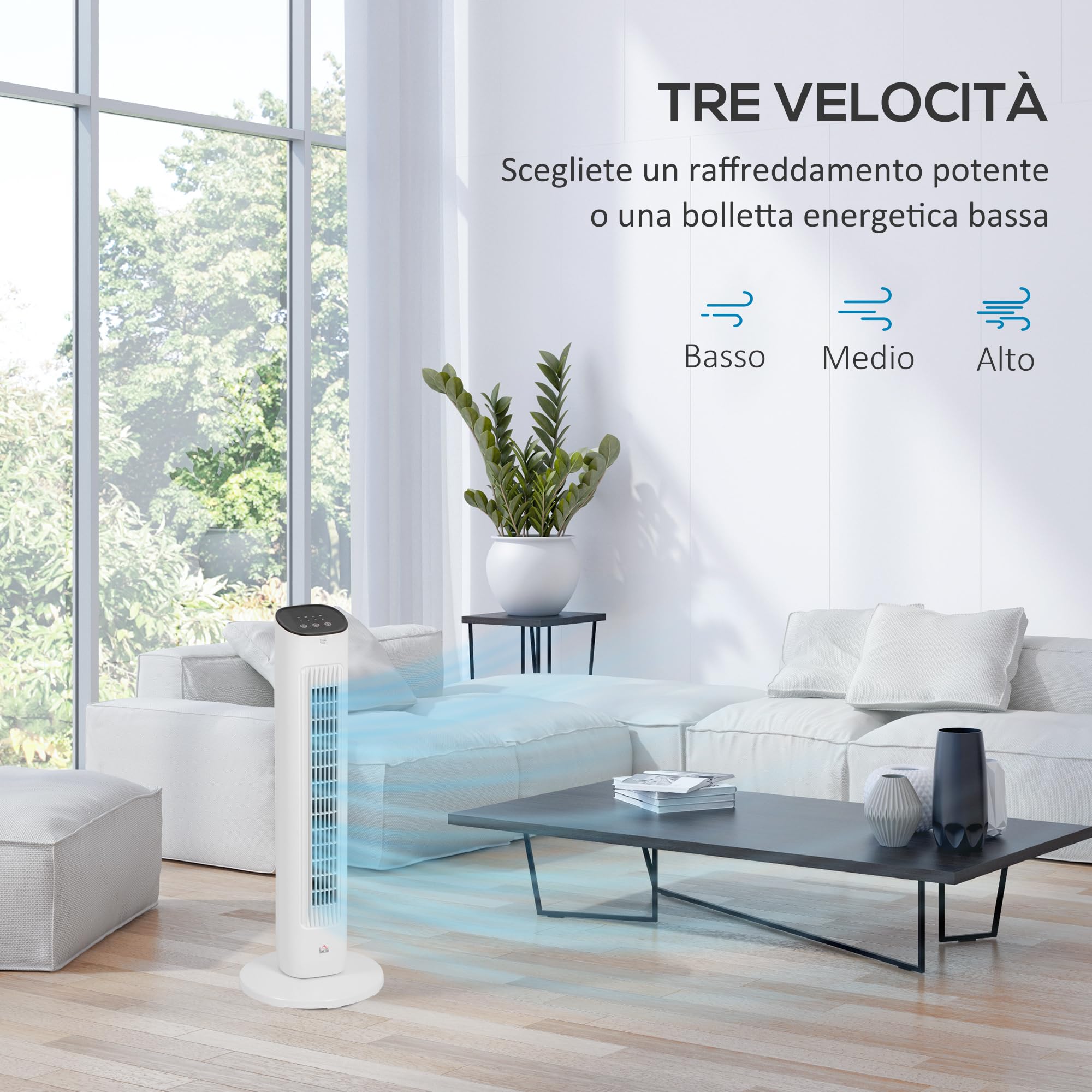 HOMCOM Ventilatore a Torre con Telecomando e 3 Velocità, Ventilatore a Colonna con Timer 15 Ore, Oscillazione e Modalità Silenzioso, Bianco