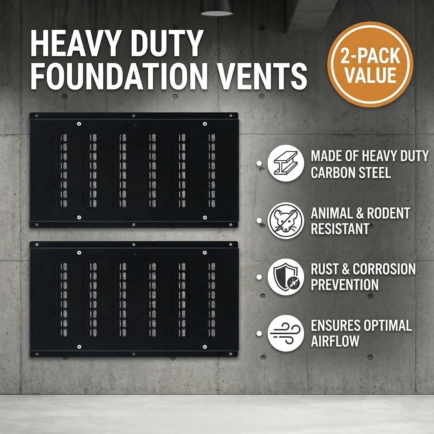 2-Pack 16"x8" Foundation Vent Covers with Dampener & Screen, Outdoor Crawl Space Vent Cover to Block Small Animals and Regulate Ventilation Black