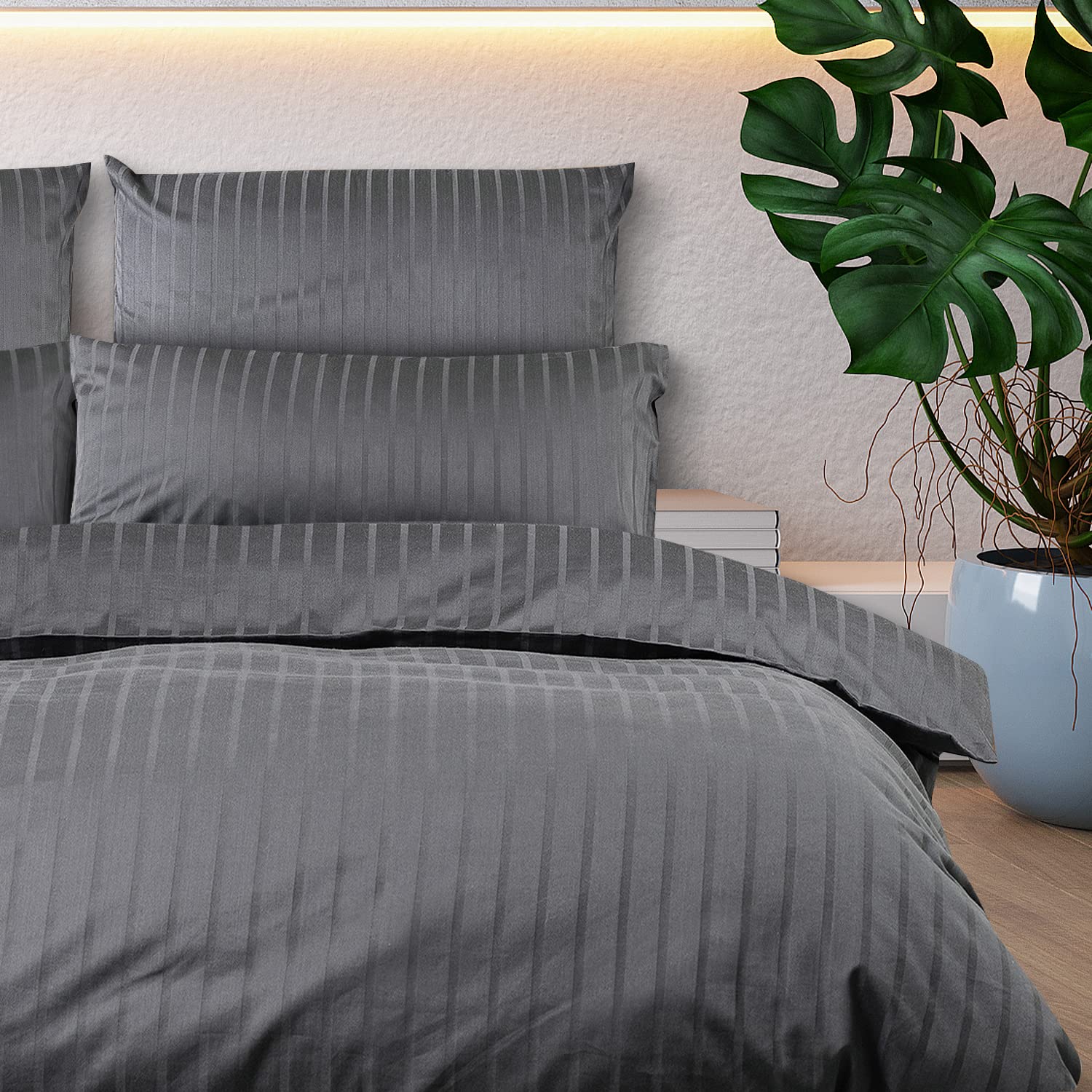 slummer Mako Satin Bettwäsche 135x200 Baumwolle Set - Damast Bettwäsche-Set | 2teilig mit Kissenbezug 80x80 - Bettbezug Baumwoll Anthrazit Grau Reißverschluss Hotelbettwäsche