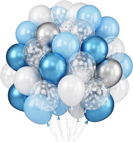 Paquete de 50 globos de confeti de copo de nieve de 12 pulgadas, azul y blanco, globos cromados plateados y azules para fiesta de cumpleaños, fiesta