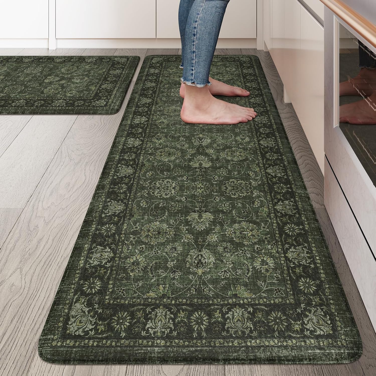 KIMODE Kitchen Mats Cushioned Anti Fatigue, Boho Distressed Kitchen Rugs Sets of 2, 20"x47"+20"x32" Non Slip Kitchen Mats for Floor, Padded Kitchen Floor Mat for Sink Laundry Office Green