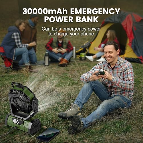 Miniatura 5 de Odoland Ventilador de campamento de 30000 mAh con linterna LED, funciona con batería recargable oscilante con control remoto y gancho, ventilador