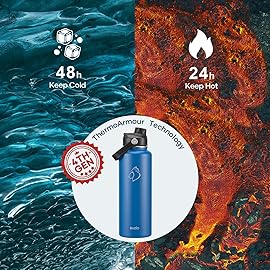 BUZIO Insulated Water Bottle with Straw Lid and Flex Cap,Stainless Steel Water Flask, Modern Double Vacuum Wide Mouth Metal Thermo Canteen, Cold for 48 Hrs Hot for 24 Hrs, 40 Ounces Blue