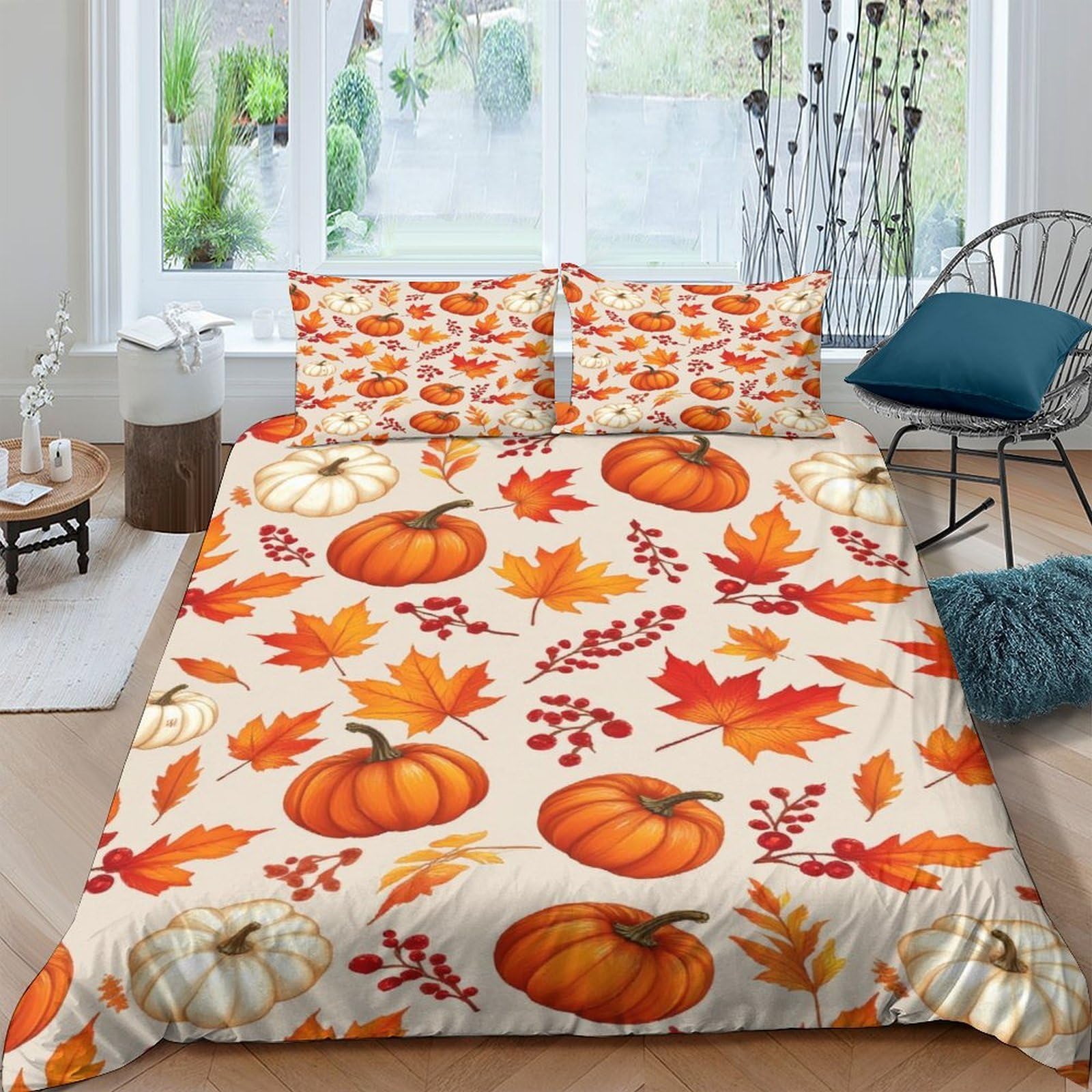 Ctjqhvkz Style-3 3D Printed Pumpkin Maple Fitted Sheet Microfiber Autumn Leaves Bed Cover For Bedroom Guest Room Decor Easy Care Single（135X200cm）