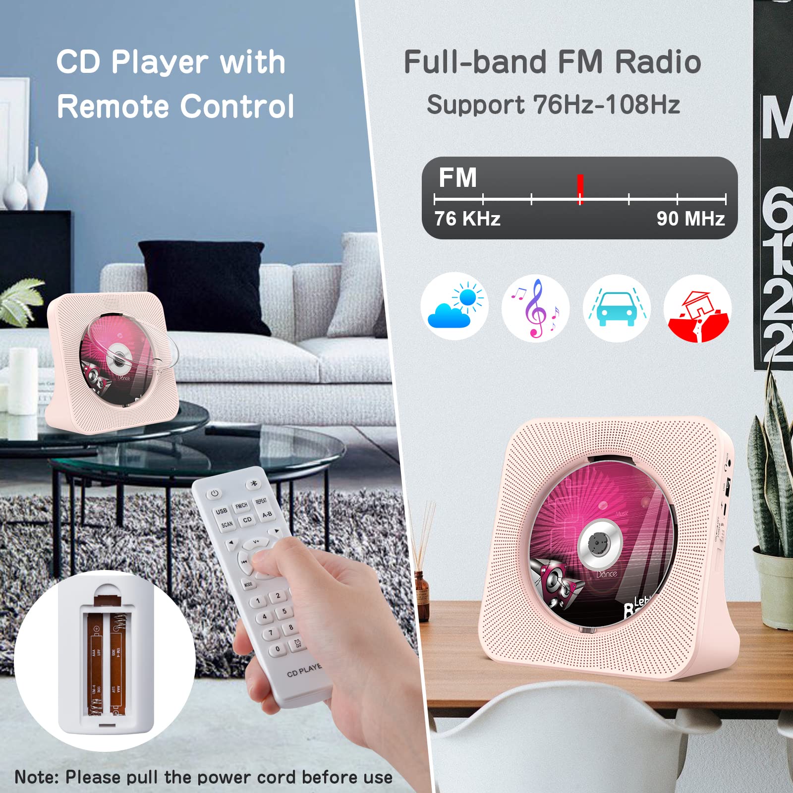 Lettore CD da tavolo con altoparlanti e Bluetooth 5.0 Rosa | Lettori CD con Telecomando Copertura antipolvere Display Radio FM Timer Riproduzione per USB e AUX