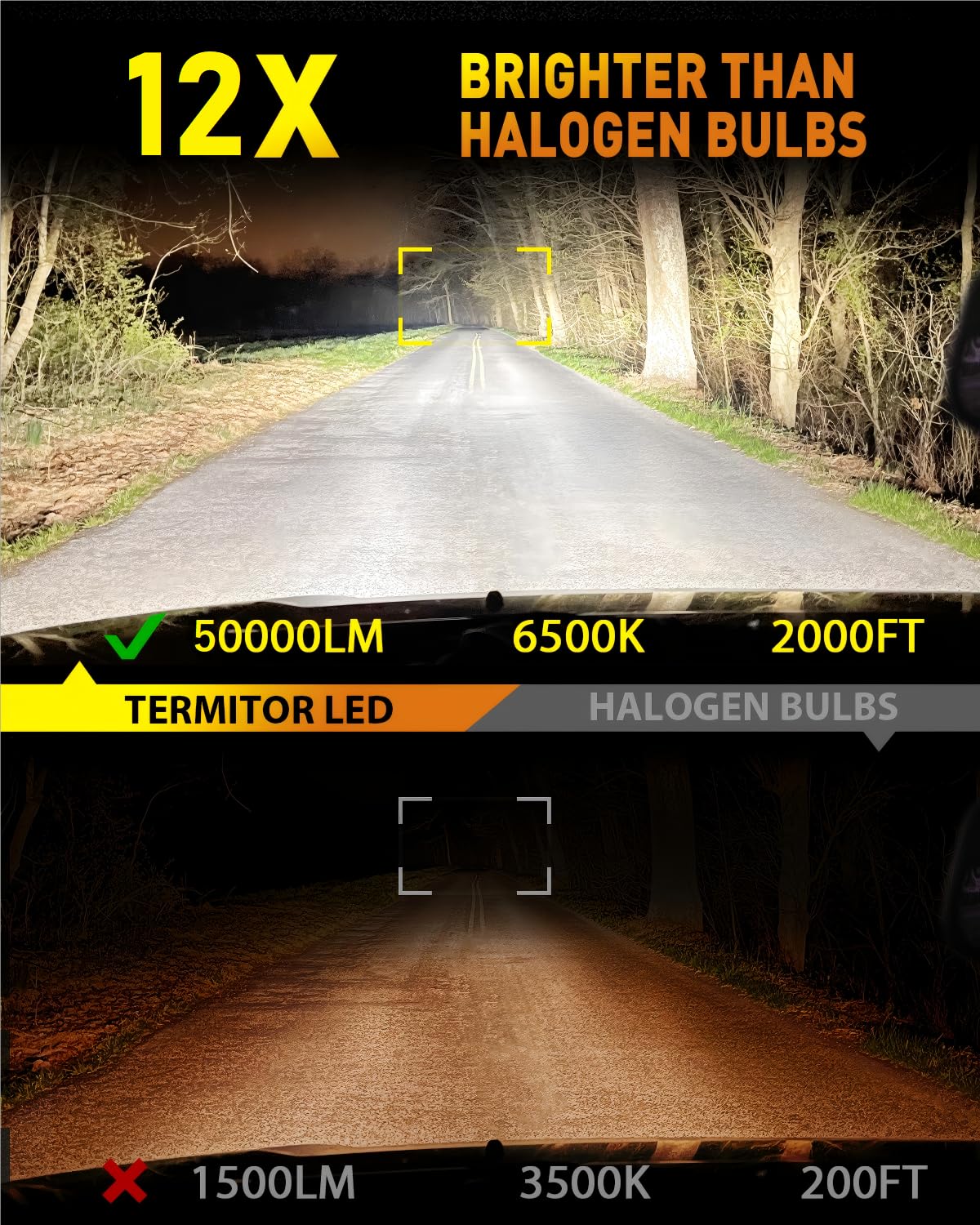 2026 9008 H13 Light Bulbs High Low Beam 50 000LM 1200 Brightness 60K Hours Lifespan 6500K Cool White — view 4
