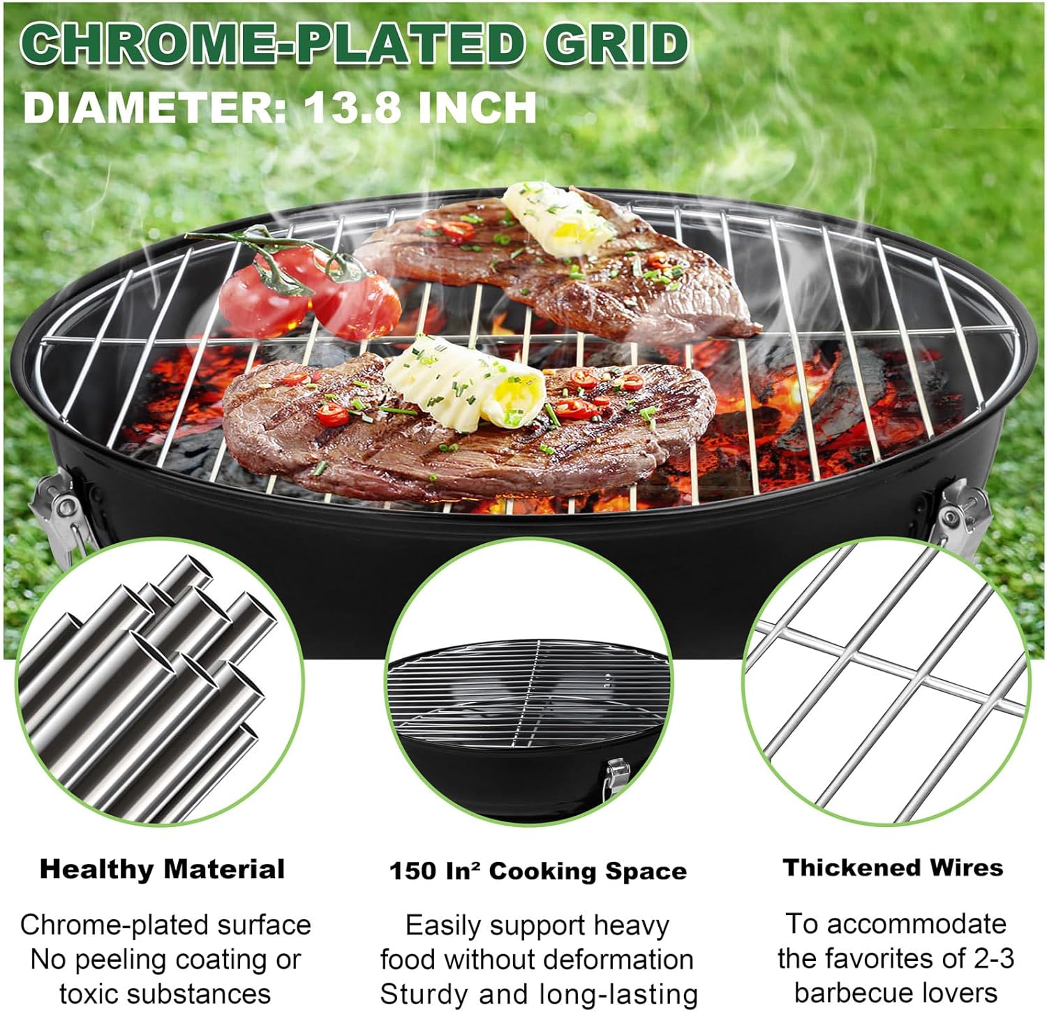 14 inch Charcoal Grill, Joyfair Small Portable BBQ Grill with Locking Lid for Outdoor Camping/Patio/Backyard Barbecue/Tabletop Cooking, Enamel Coated & Dual Vent System (Black)
