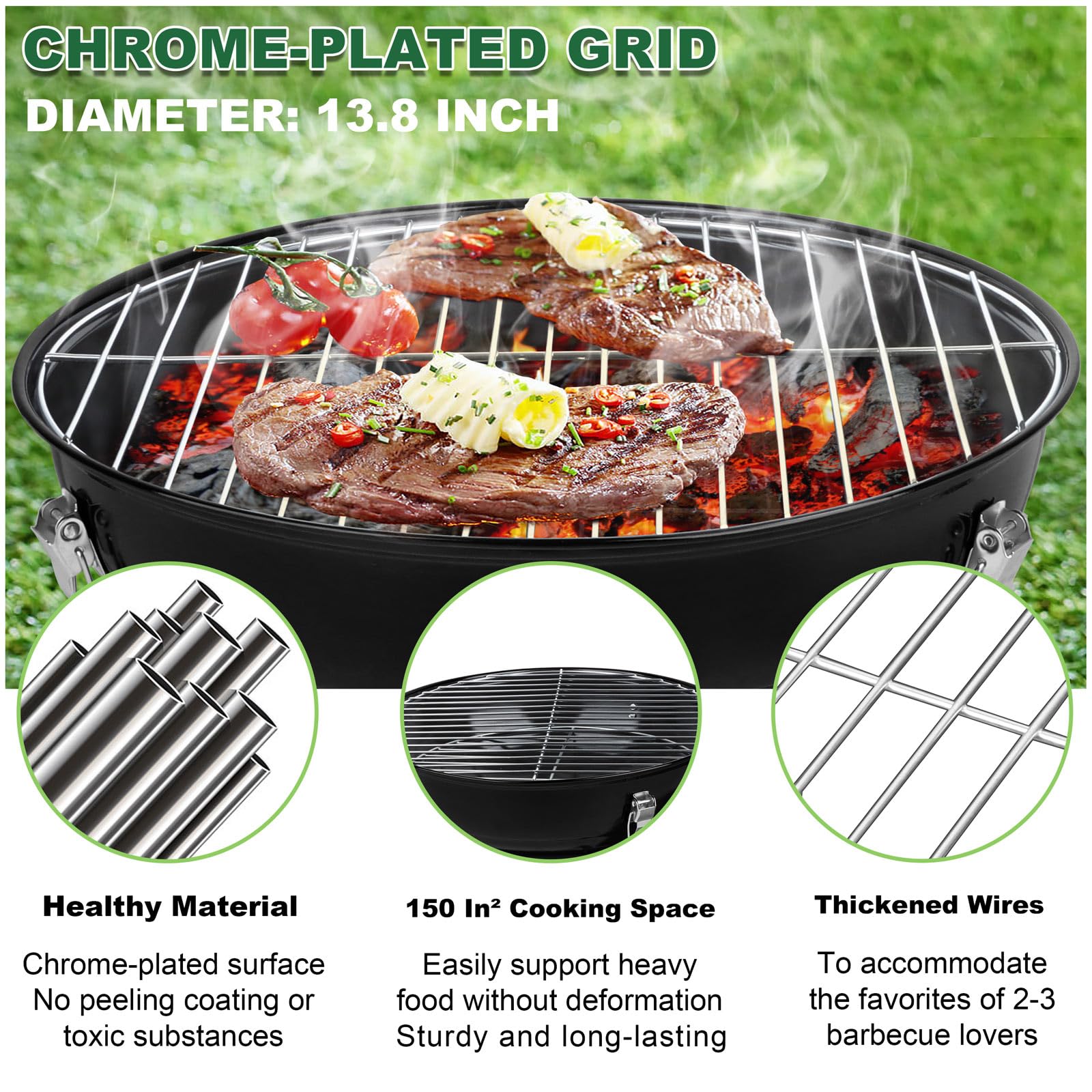 Joyfair Barbecue à charbon de bois avec 2 grilles de barbecue, 35,6 cm, petit barbecue portable avec couvercle verrouillable pour camping en plein air/terrasse/barbecue dans le jardin/cuisine de table