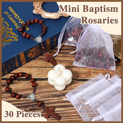 Miniatura 4 de Yinkin 30 piezas de rosario de bautismo, versículos bíblicos, recuerdos de bautismo, rosario de madera, cruces religiosas, regalos a granel con 30