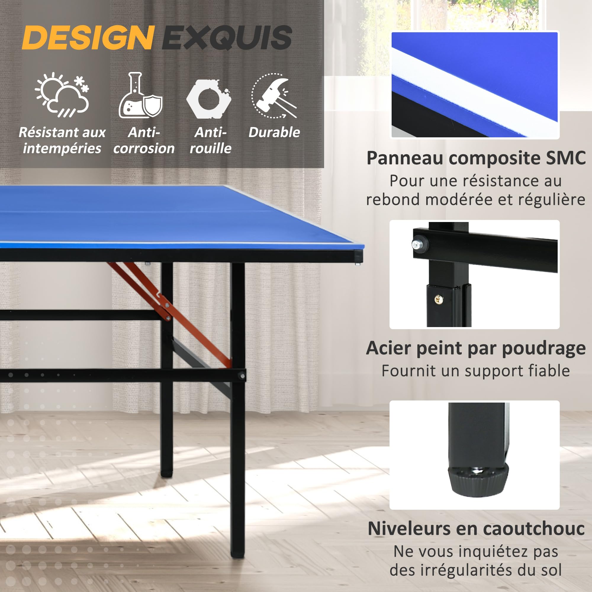 SPORTNOW Table de ping Pong Table de Tennis de Table Pliable Mode Solo compacte avec 2 Raquettes 3 balles Filet de Jeu 8 roulettes pour intérieur et extérieur dim. 274L x 152,5l x 76H cm Bleu