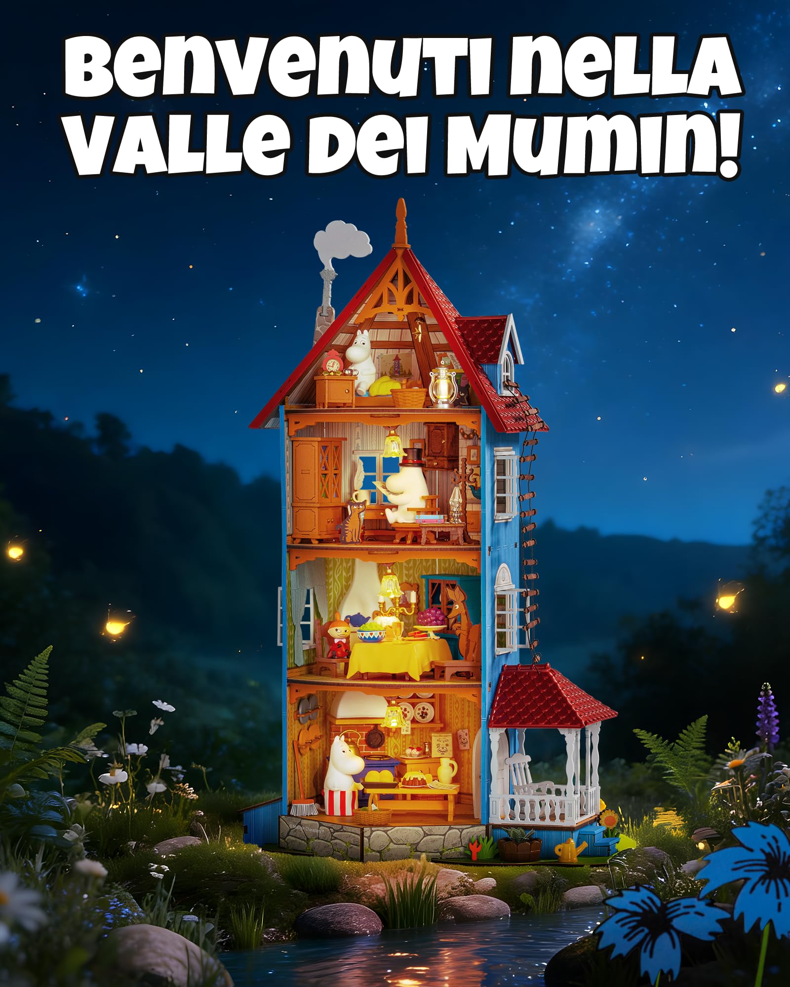 Rolife DIY Miniatura Casa delle Bambole Moominhouse 441 Pezzi | Puzzle 3D Legno Ufficiale Moomin, Casa Moomin a 4 Livelli con LED e 4 Statuine, Kit Fai da Te senza Colla, Regalo Adulti