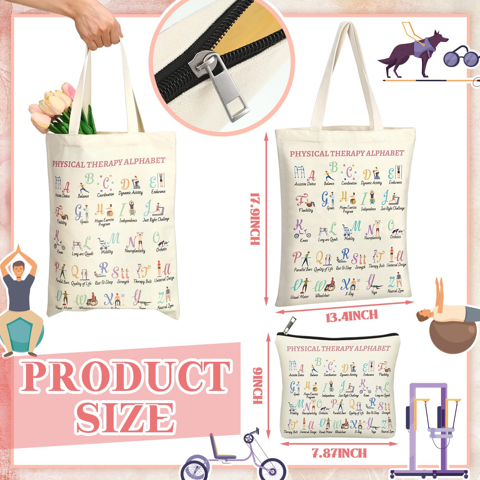 Shinylin 2 Pcs End of Year Physical Therapy Gifts Physical Therapist Tote Bag with Makeup Bag Occupational Therapy Appreciation Gifts Thank You Retirement Presents for Women Pt Pta Ot