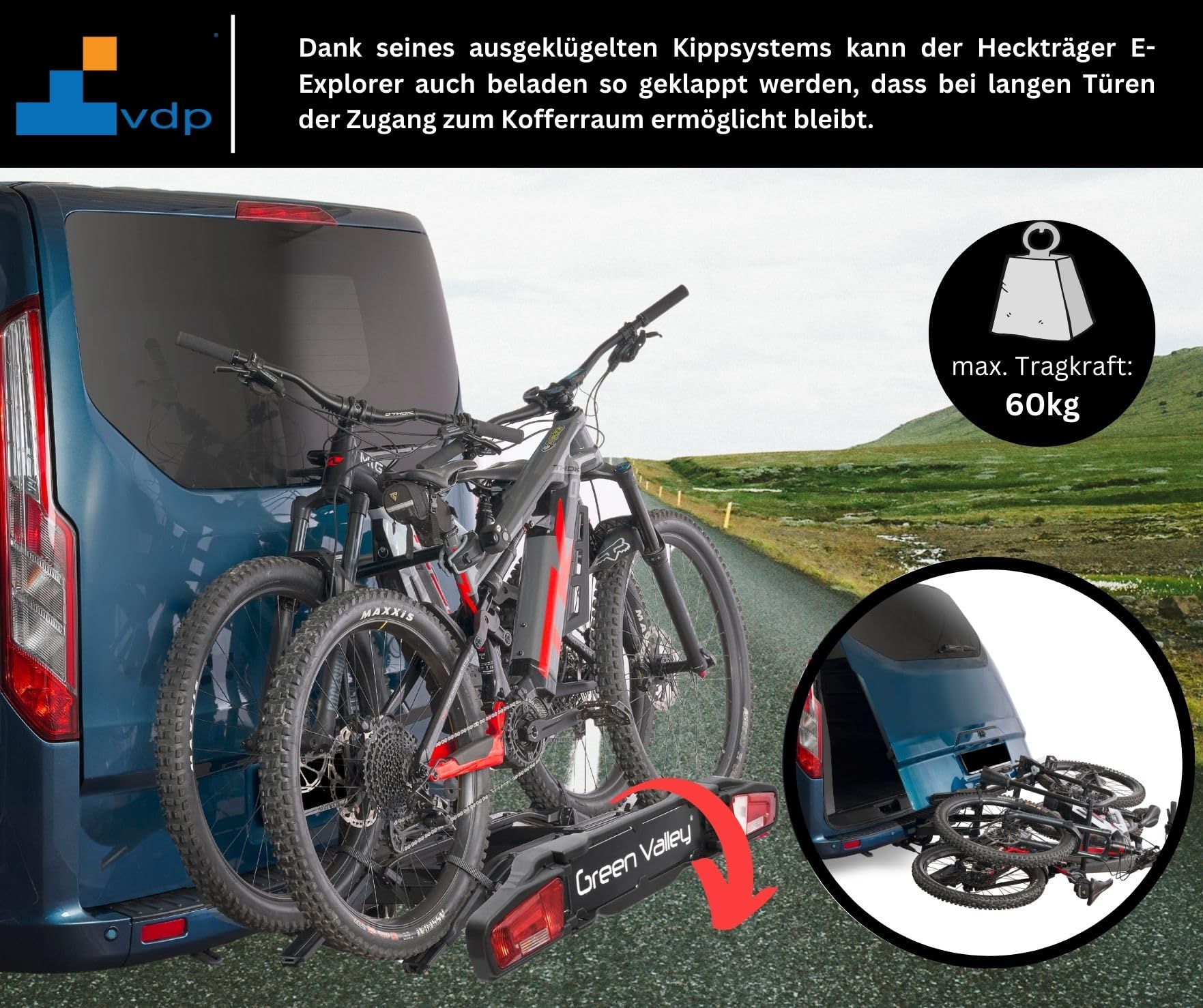 eBike Portabici Universale per rimorchio bicicletta, Portabiciclette Posteriore con Gancio – E-Explorer – per 2 biciclette – carico 60 kg – Portabici pieghevole sul veicolo – Antifurto – TÜV