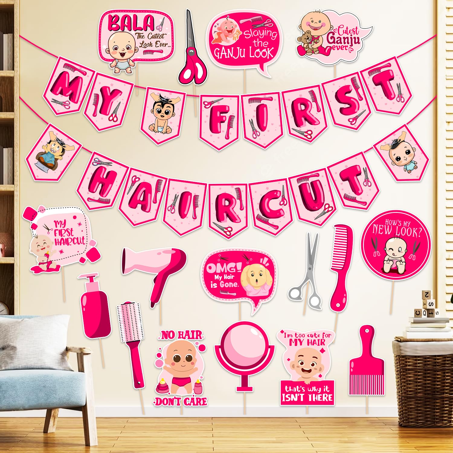 ZYOZIQUE My First Hair Cut Mundan Baby Welcome Ceremony Decorations Set For Baby Girl - My First Hair Cut Paper Banner & Photo Booth Props, Pink (Pack Of 17) (B0CJR4XB6K) Amazon Price History, Amazon Price Tracker