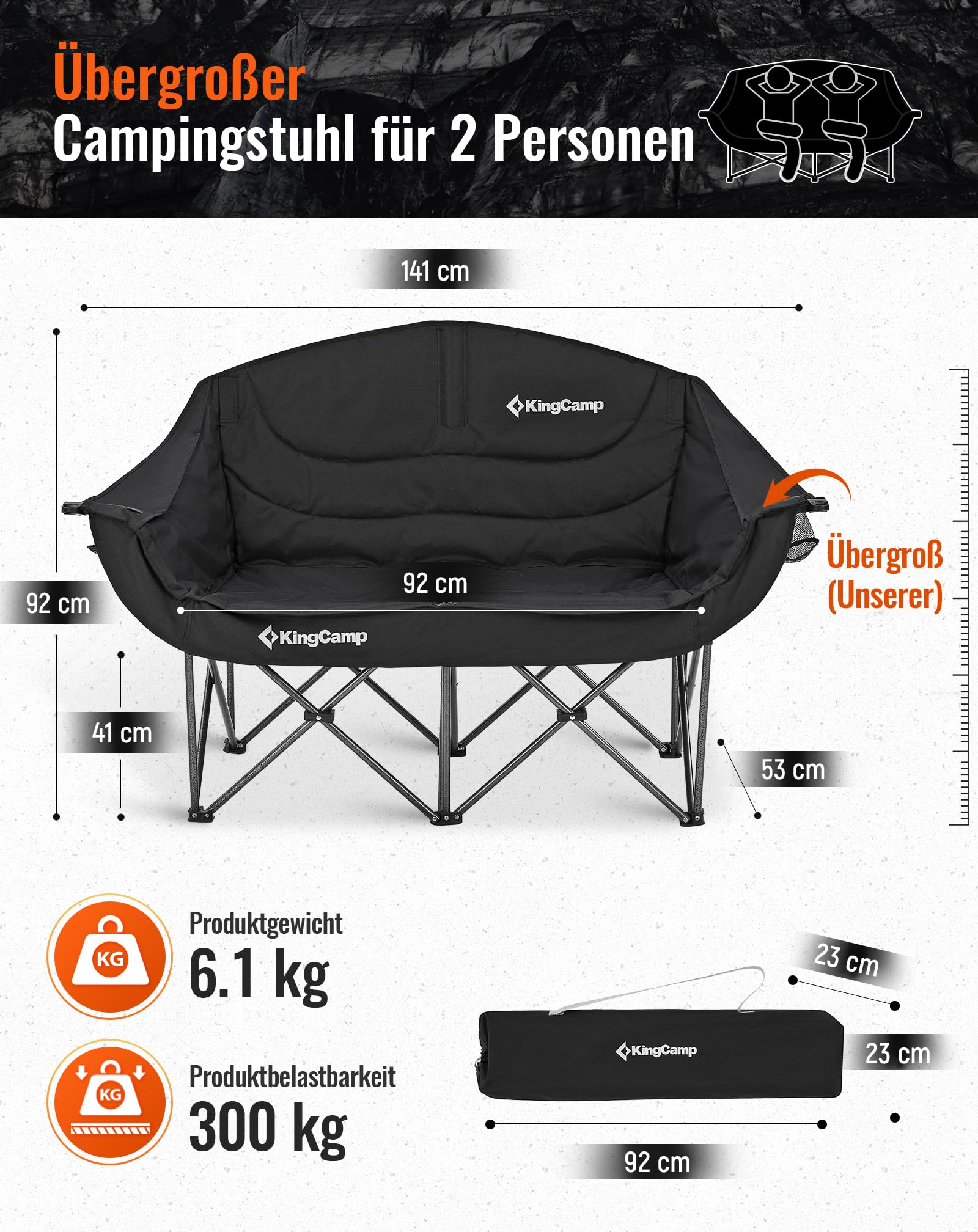 KingCamp XL Doppel Campingstuhl Faltbar bis 300kg Gepolstert Getränkehalter | Campingsessel Klappbar 2 Personen, Weinglashalter, Hochlehner, Armlehne & Tragetasche, Campingsofa 1 2 & 3 Sitzer für Garten