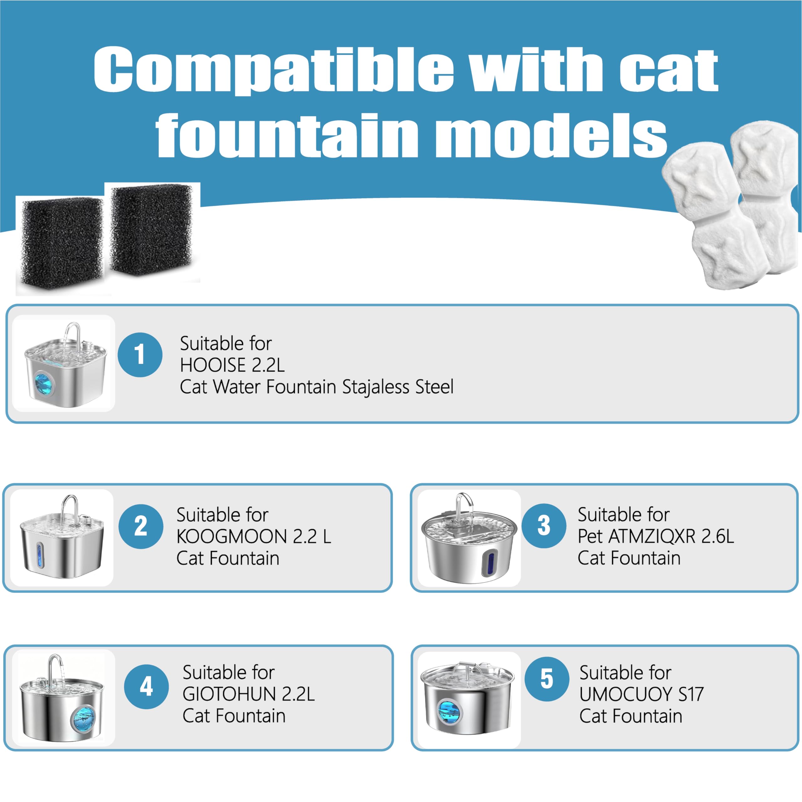 Filtro de fuente de agua para gatos, pantalla de repuesto de filtro de fuente de gato 32P para dispensador de agua de mascotas de acero inoxidable, 16 filtros de carbono y 16 filtros de espuma