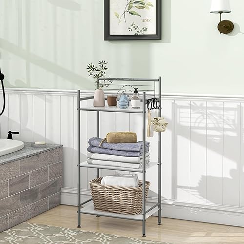 MallBoo Estante de almacenamiento independiente de metal de 3 niveles, estantes de baño de pie con 3 forros de estante de polipropileno y 4 ganchos