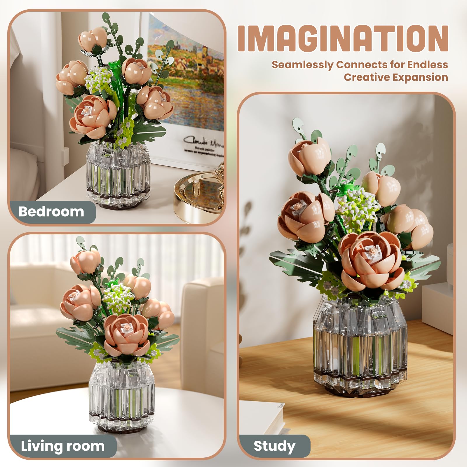 Mould King 24109 Klemmbausteine Blumen Rosa Rosen Blumen Bausteine mit Vase Pflanzen Bausteine Botanical Collection Geschenk für Erwachsene (981 Teile)