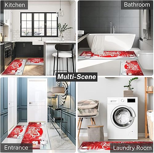 Miniatura 7 de ArtSocket Juego de 2 alfombras y tapetes de cocina de Navidad, antideslizantes, lavables, tapete de camino de cocina de invierno, tapete de cocina