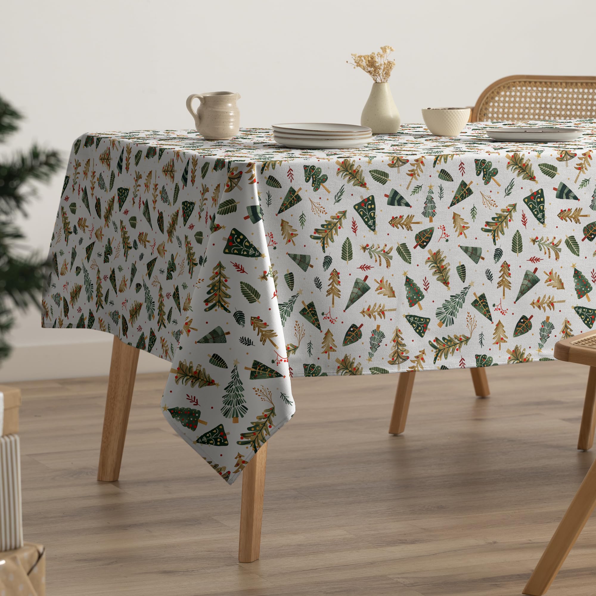 GAMUSI Mantel Navidad Antimanchas Árboles Algodón Mesa Comedor Decoración Navideña Rectangular Tacto Tela 160x350 cm