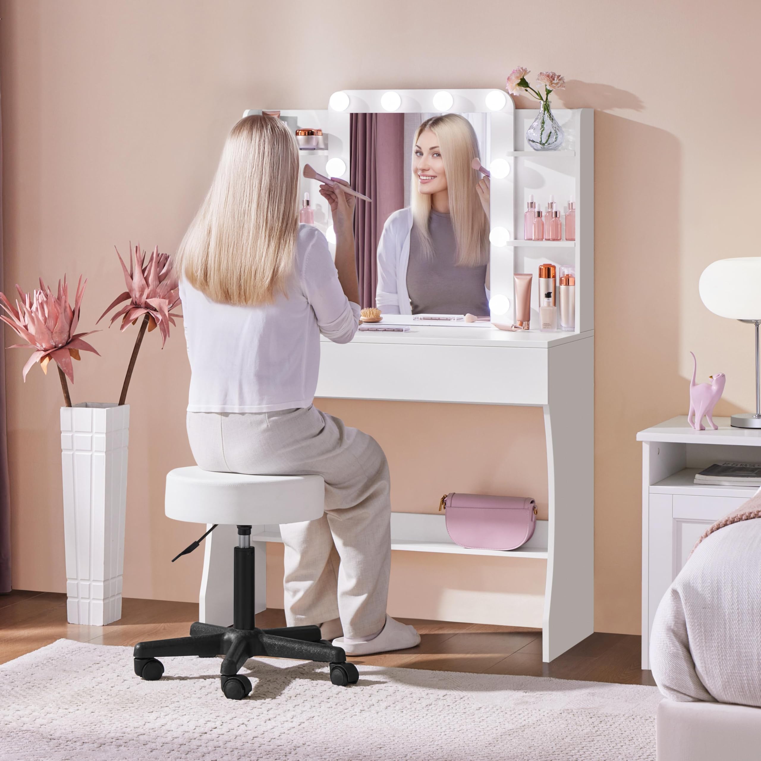 Abician Coiffeuse avec Miroir 10 LED 3 Couleurs Luminosité Réglable Table de Maquillage Deux Grands Tiroirs Six Étagères de Rangement Style Moderne Blanc