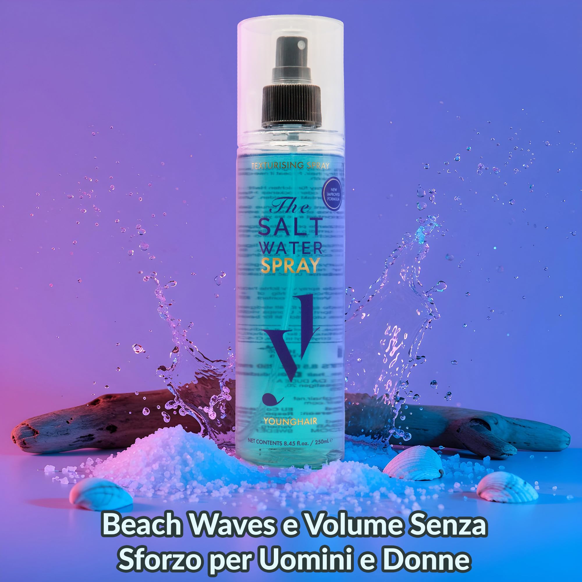 Spray Sale Marino per Capelli Younghair, Sea Salt Spray Beach Waves Effetto Onde Naturali, Volume e Texture per Capelli Mossi e Ricci, 250 ml