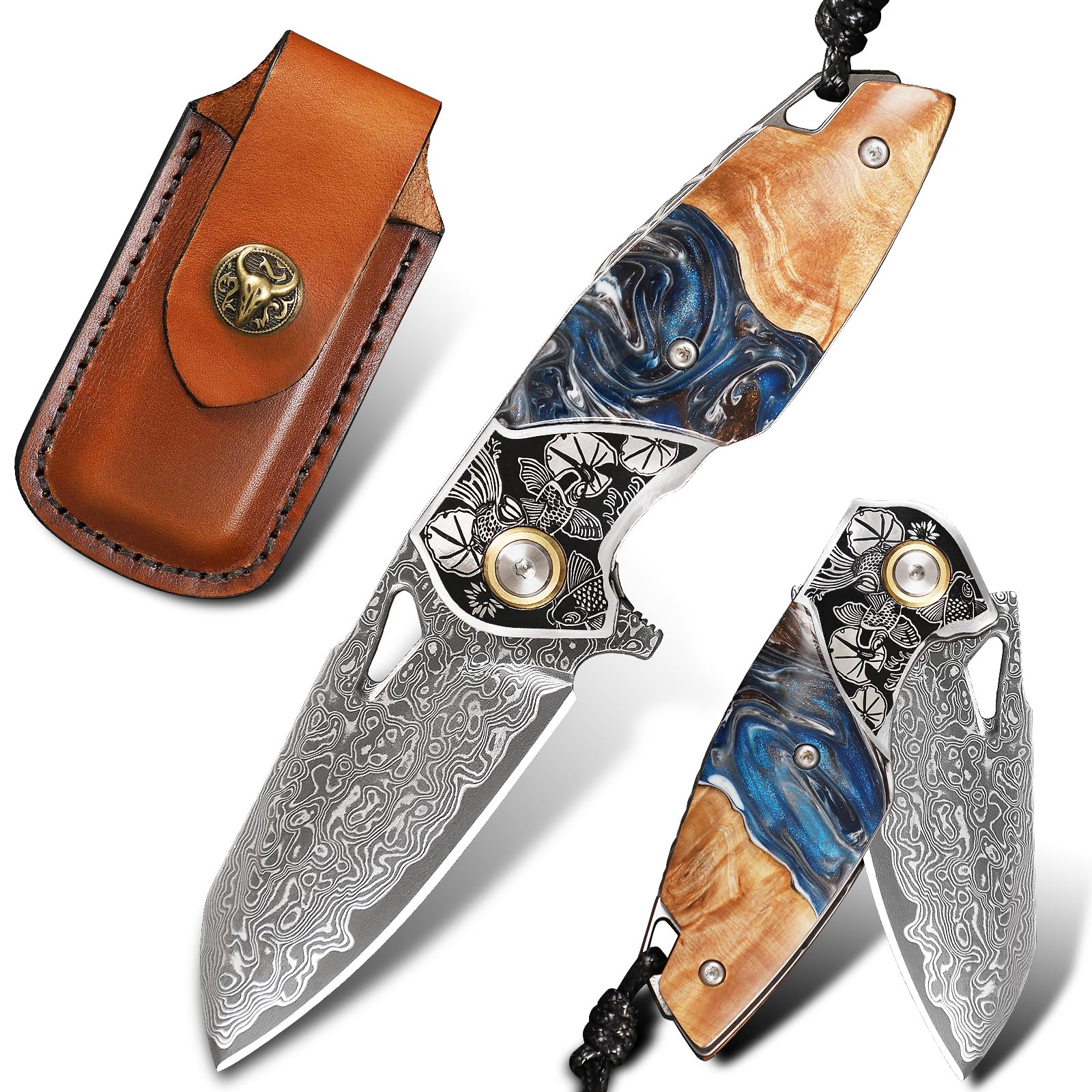 Taschenmesser aus Damaszenerstahl，Klappmesser für Männer und Frauen，Mit Lederscheide，Griff aus Harz und Ahornholz，Geeignet für Outdoor-Camping, Wandern und Angeln EDC-Messer