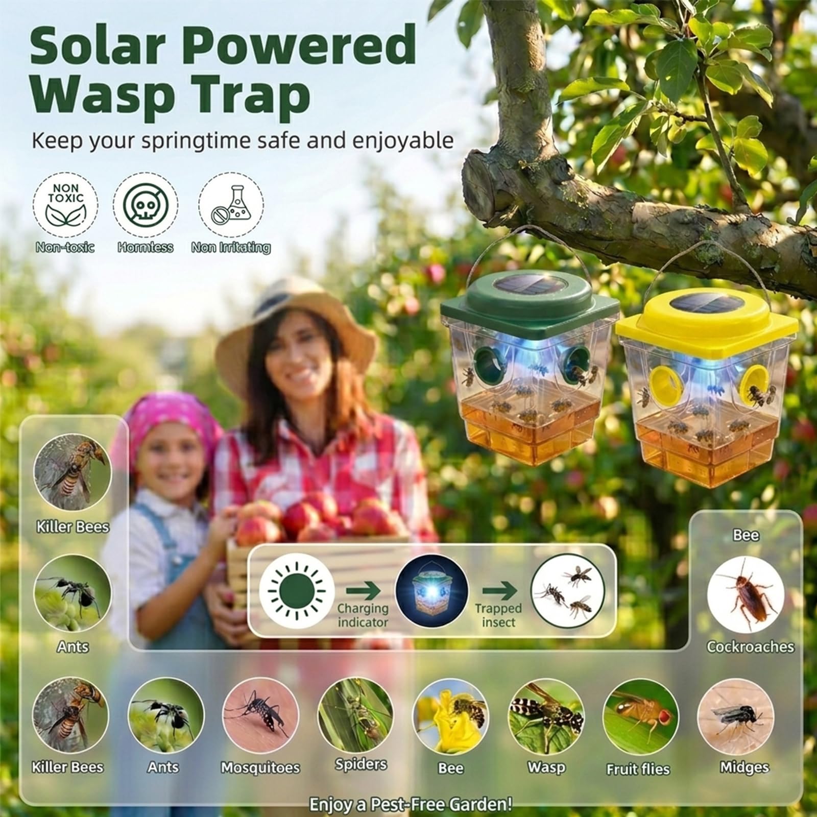Lot de 4 pièges à guêpes solaires à suspendre pour l'extérieur : pièges jaunes réutilisables avec lumière LED – Pièges à abeilles de charpentier efficaces à énergie solaire pour terrasse – Dissuasif