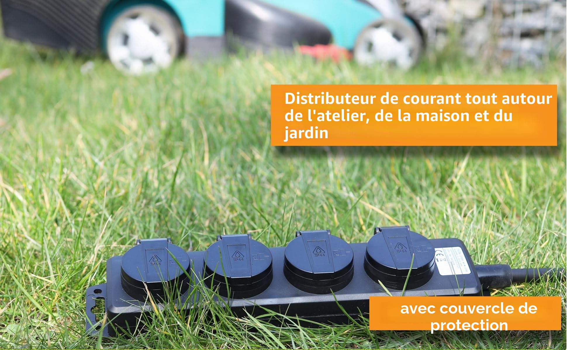Multiprise 4 voies pour extérieur avec 4 prises de terre, couvercle à charnières de 10m, câble IP44 Multiprise pour intérieur et extérieur 230 V 16 A, noir