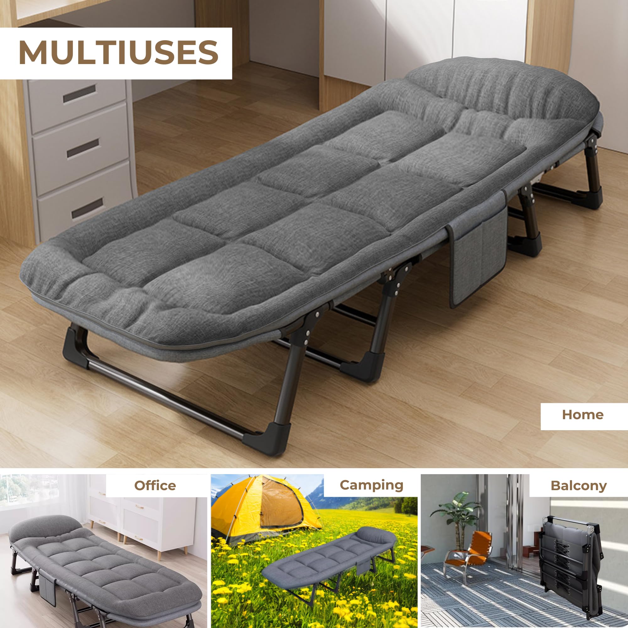 Letto da Campeggio Portatile Imbottito. Lettino Pieghevole da Campeggio. Lettino da Campo.Lettino da Viaggio con Cuscino, Tasca. Cotone e Lino. Approccio al Carbonio (200x63 cm).