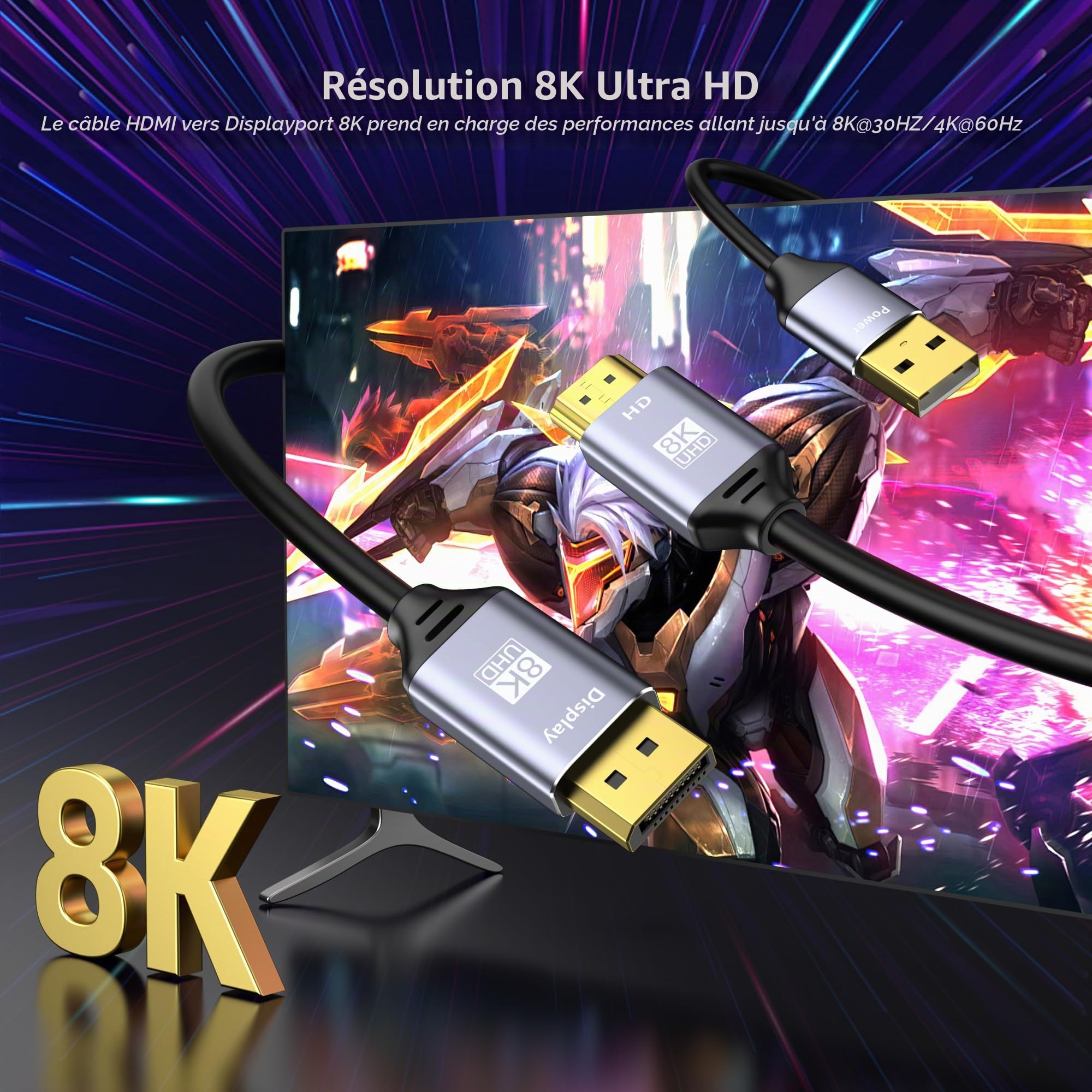 Câble HDMI 8K vers Displayport, adaptateur HDMI 2.1 à 4K@120Hz vers Displayport 1.4, alimentation USB, pour ordinateurs portables, cartes graphiques dédiées, PS5 et Xbox Series X, et moniteurs