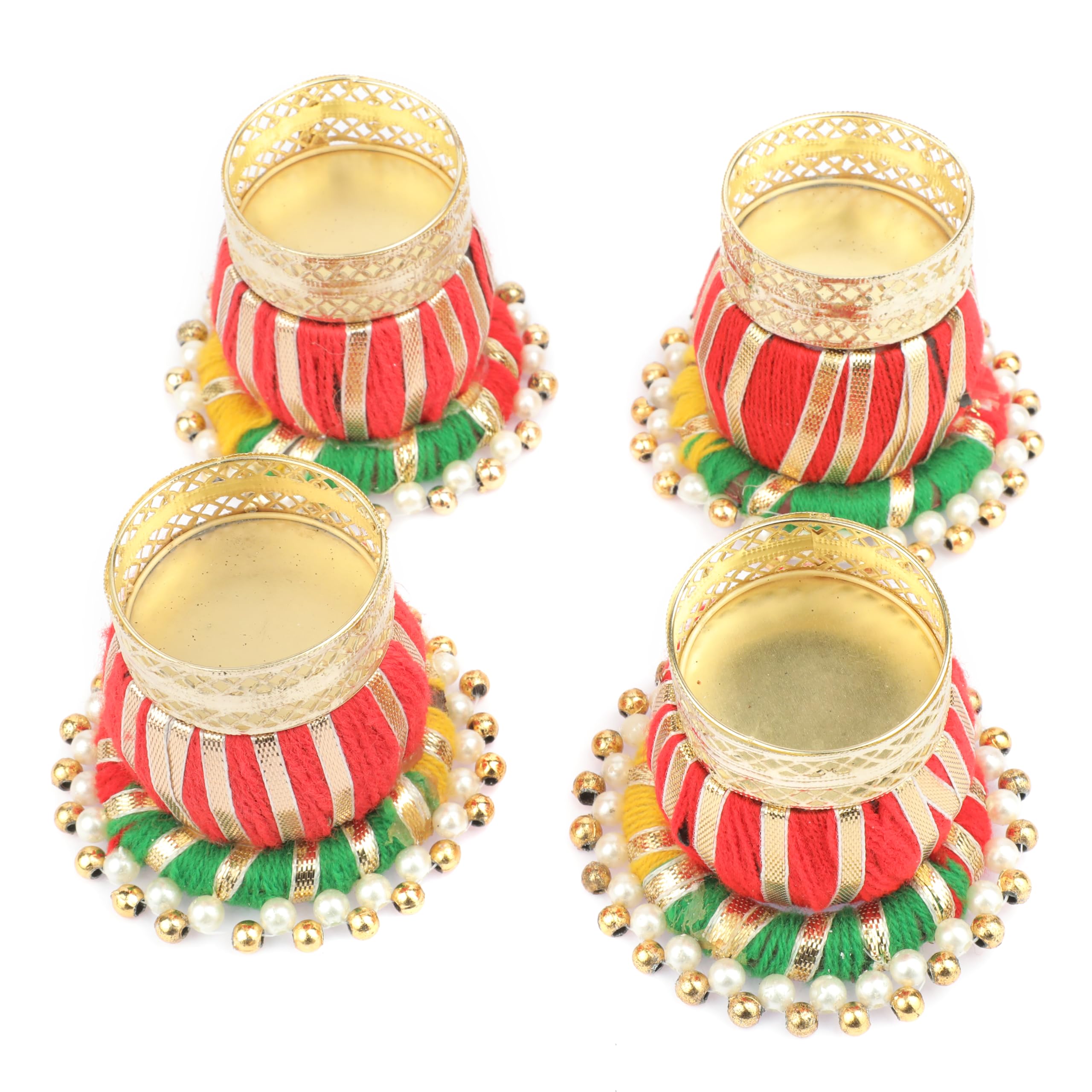 Set of 4 Decorative Handmade Jute Ring Tea Light Candle Holder T Light Candle Stand Diya for Lighting Accessories Home Décor Festival Decoration Gift(Without Wax)(Size:-3"X2")(Red,Multicolour)