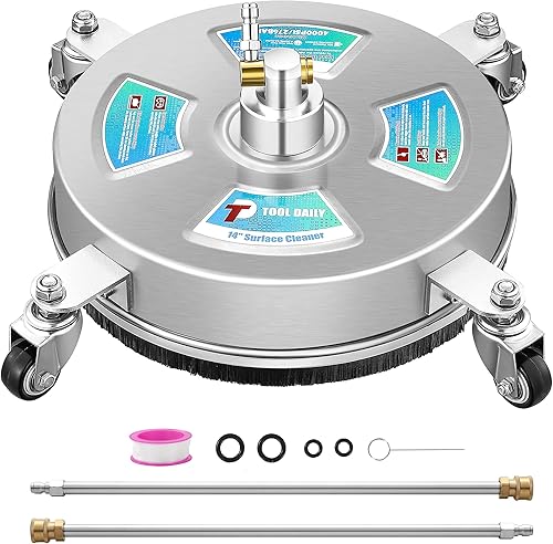 Tool Daily Limpiador de superficie de lavadora a presión de 14 pulgadas, accesorio de lavadora de acero inoxidable con 4 ruedas, 2 varillas de