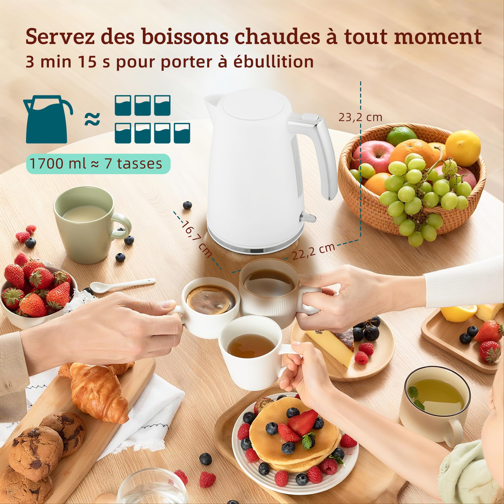 HOMCOM Bouilloire et Grille-Pain Acier 2200W 1,7L Thermostat Otter Filtre Anti-Calcaire 2 Fentes 7 Réglages Brunissage Blanc