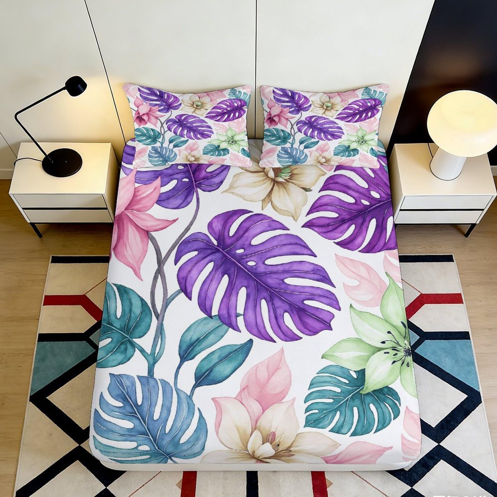 3D Printed Tropical Leaves Fitted Sheet Microfiber Deep Pocket Bedroom Set Non-Slip Elastic Hem Tropical Mattress Fitted Cover Washable 140x200x25cm