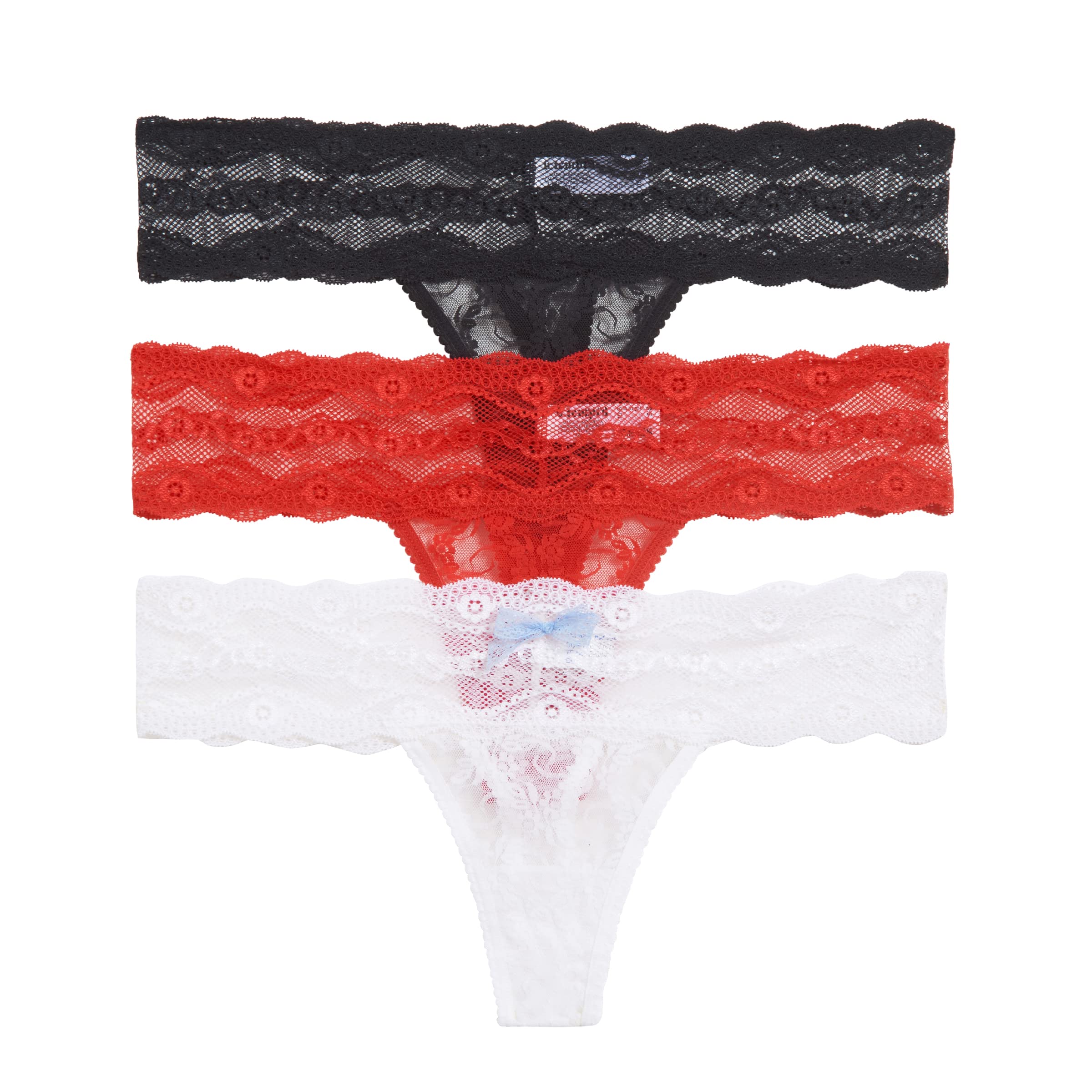 b.tempt'd Women's Lace Kiss Thong Panty 3 Pack, White, Crimson Red, Night, M